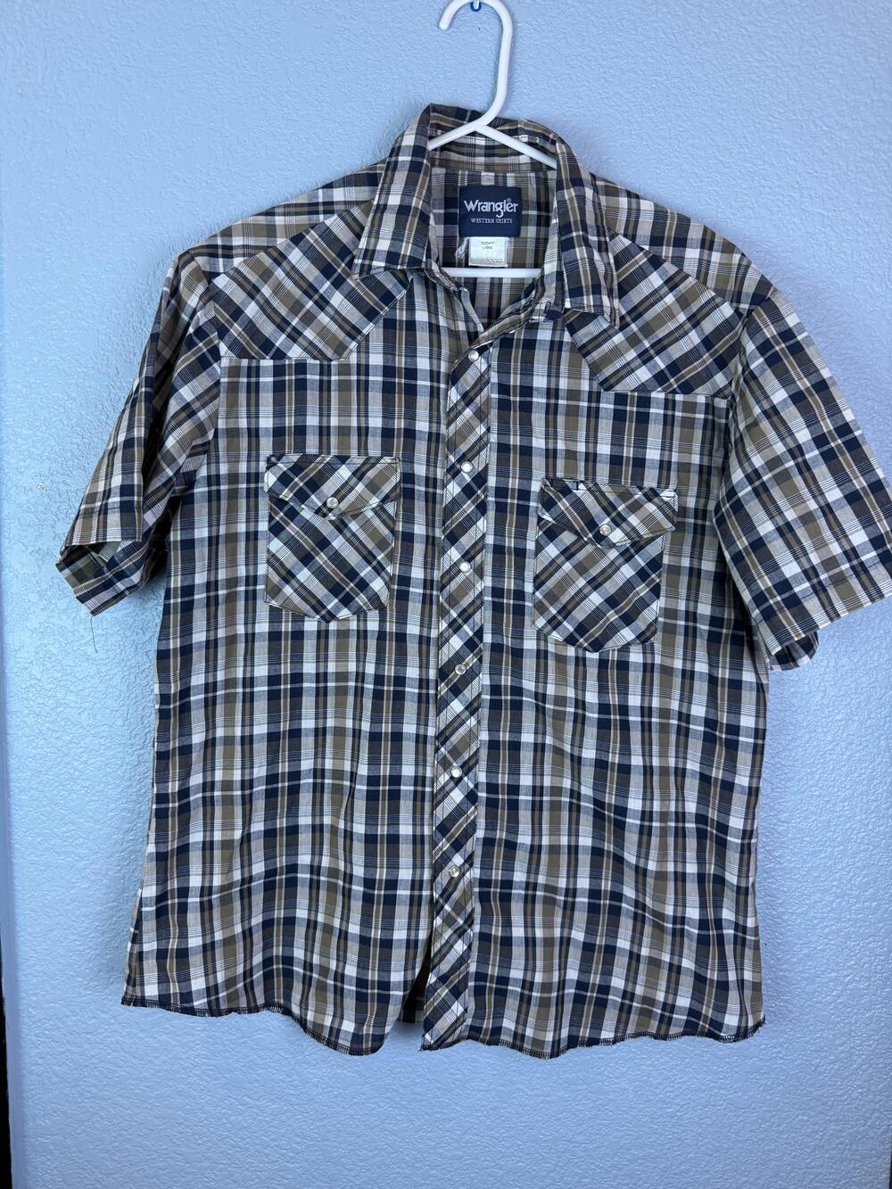 Wrangler Shirt Mens Large Blue Brown Plaid Western Pearl Snap Cowboy Rodeo